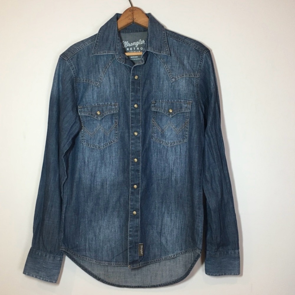 Wrangler Retro Premium Mens Medium Shirt Denim Pearl Snap Long Sleeve We…